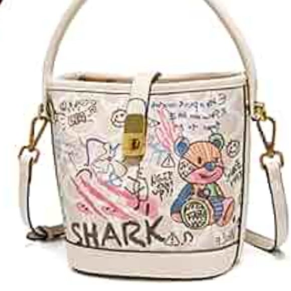 NWT Foxlover PU Leather Graffiti Teddy Bear Luxury Feel Small Bucket Bag - Picture 1 of 11